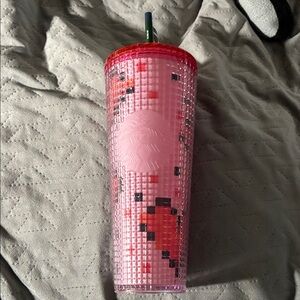 Starbucks Pink red heart Textured Tumbler with Straw